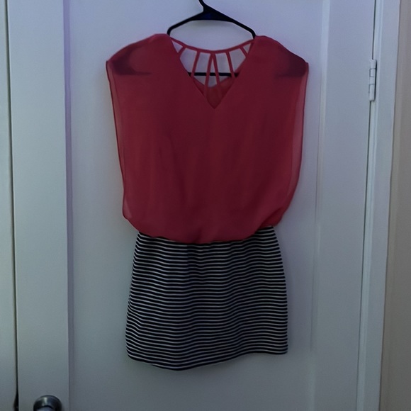 Pink dress with navy blue and white stripes on the bottom - Picture 2 of 3